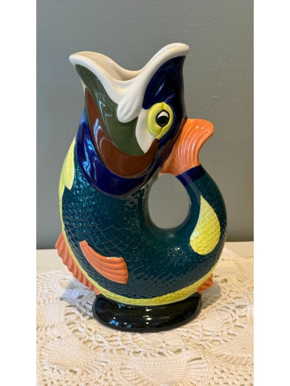 Vintage Wade Gluggle Jug Fish Pitcher Colorful Ceramic Gurgle Jug England Nautic
